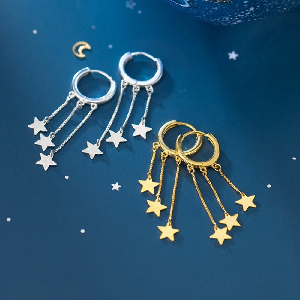 NEW 925 Sterling Silver Star Chain Drop Huggie Hoop Earrings - Picture 1 of 7